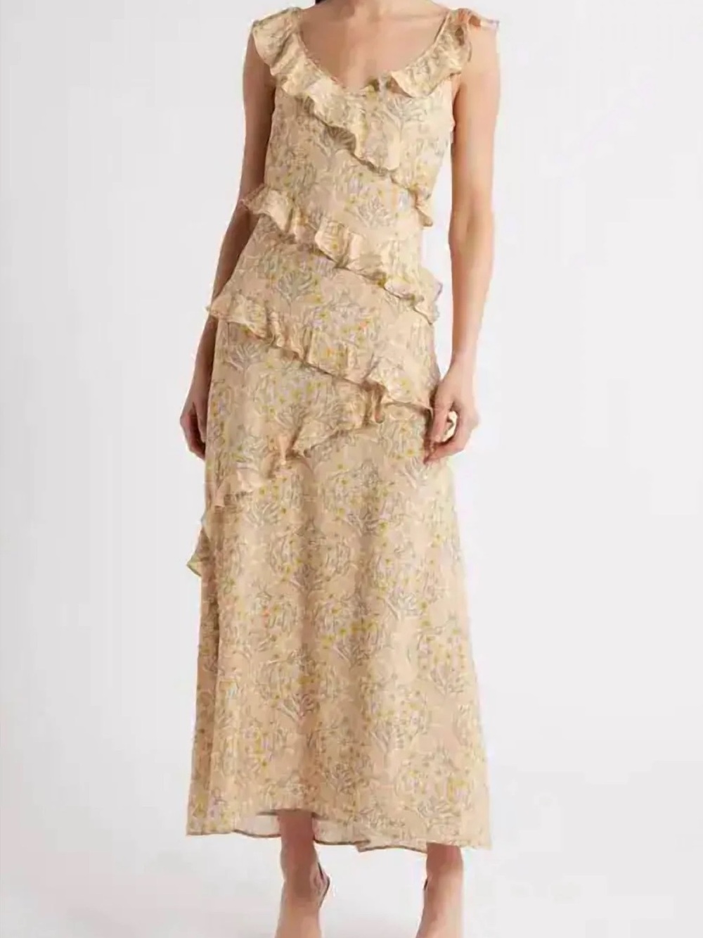 PAIGE Pale Beige Floral Ruffle Maxi Dress